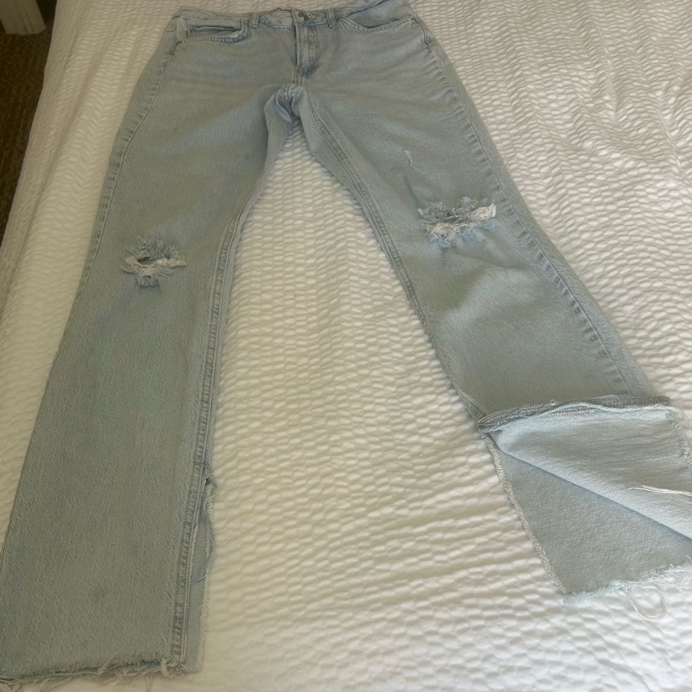 Vintage Zara Distressed Light Blue Boot cut Split Bottom Jeans Size 6